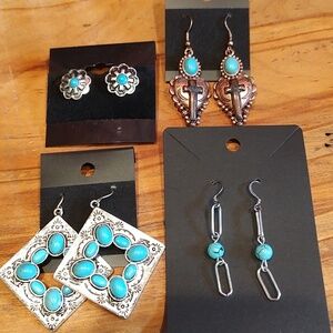 Pretty Four Pair Of Faux Turquoise Silver Earrings